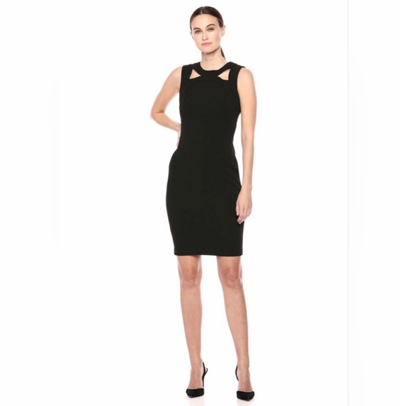 Calvin Klein Womens Sheath Below Knee Sleeveless Dress Sz 4 Black Cutout Neck - Picture 1 of 16